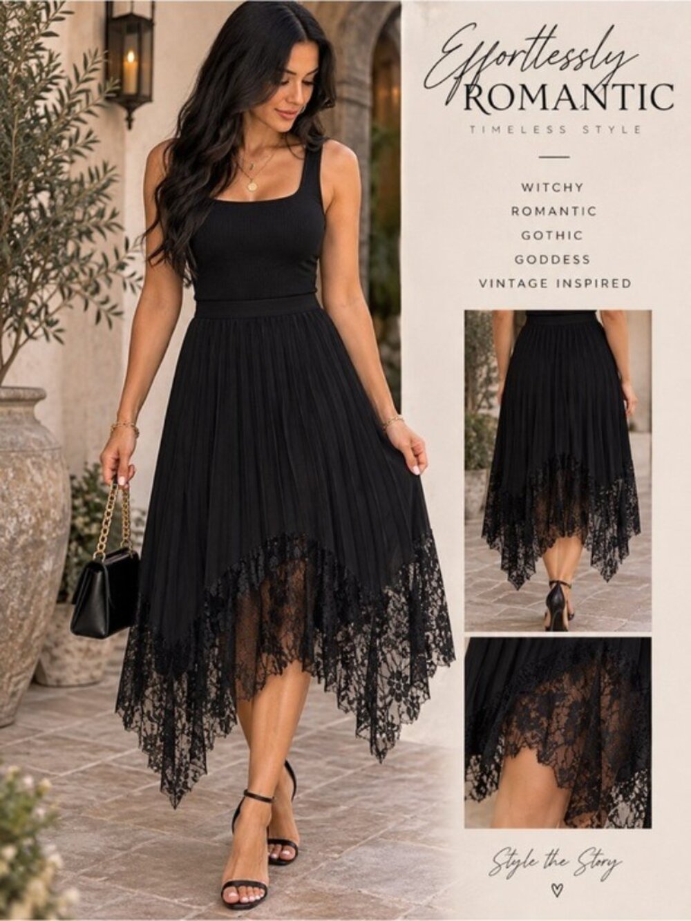 VTG Black Pleated Midi Skirt Size S Asymmetrical Lace Hem Witchy Gothic Romantic